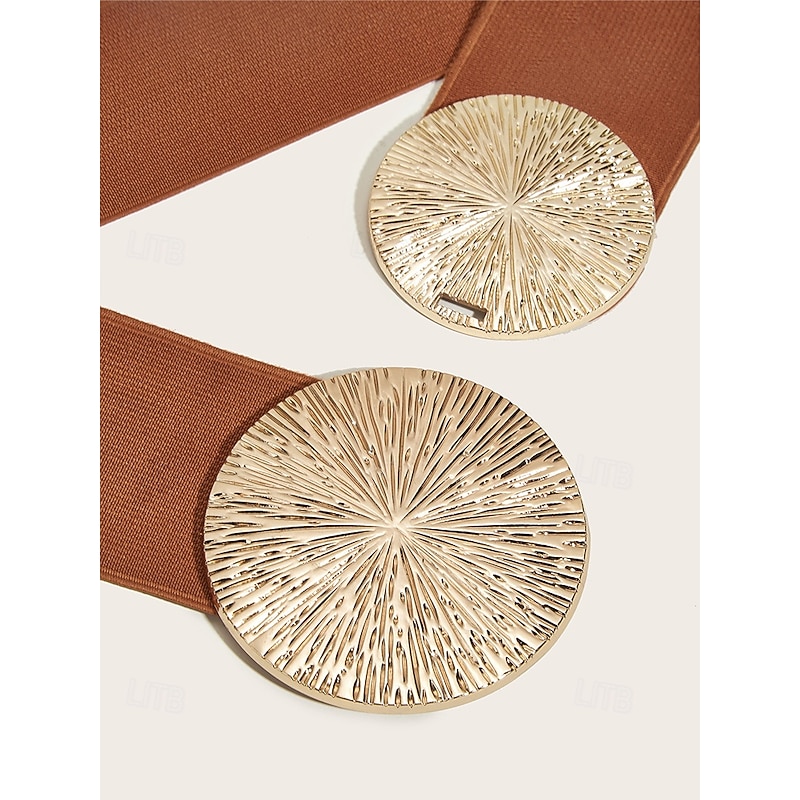 Women's Elastic Waist Belt with Gold Circle Buckle - Fashionable Wide Stretch Belt for Dresses, Casual and Formal Occasions4