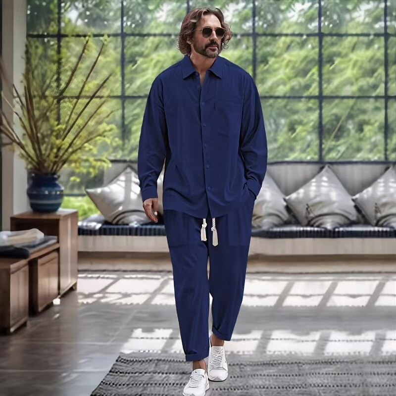 Men's 2 Piece Shirt Set Matching Sets Casual Shirt Button Up Shirt Black White Dark Navy Blue khaki Long Sleeve Plain Collar Vacation Daily Clothing Apparel Fashion Casual3