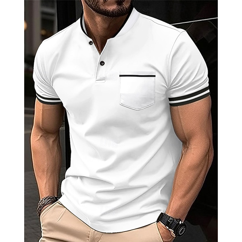 Men's Golf Shirt Golf Polos Shirts Work Casual Stand Collar Short Sleeve Basic Modern Color Block Patchwork Buttons Spring & Summer Regular Fit Wine Black White Sky Blue Khaki Gray Golf Shirt2