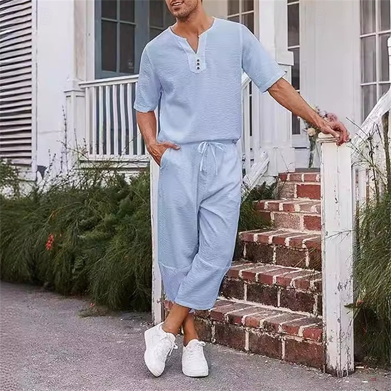 Men's Shirt 2 Piece Shirt Set Summer Shirt Matching Sets Plain Vacation Street Black White Navy Blue Khaki Short Sleeve V Neck Summer Clothing Apparel3