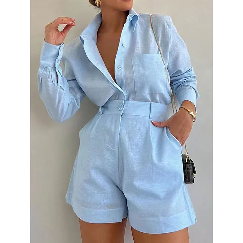 Women's Daily Shirt Linen-Inspired Sets Two Piece Sets Baggy Shorts Long Sleeve Shirt Collar Solid Color Patchwork Outdoor Gray purple White Blue Spring &  Fall Regular Fit