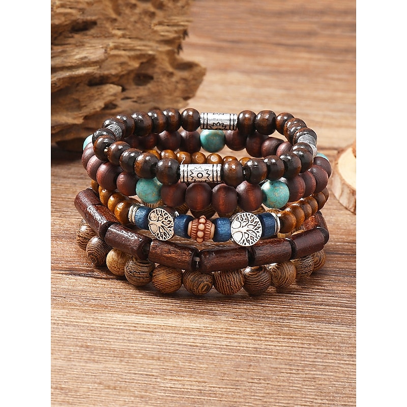 Men's Multilayer Wooden Bead Bracelet Set, Bohemian Style Handmade Jewelry for Casual and Beachwear2