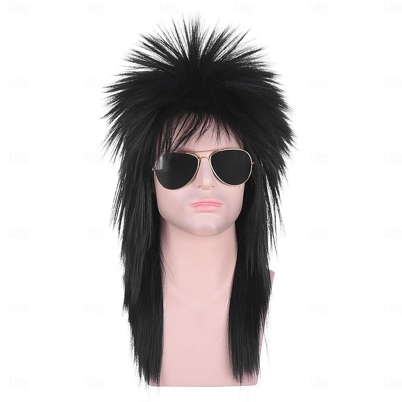 Unisex Long Black 70s 80s Mullet Cher Glam Rock-Rocker Cosplay Wigs for Women and Men Halloween Themed Costume Party For Carvinal