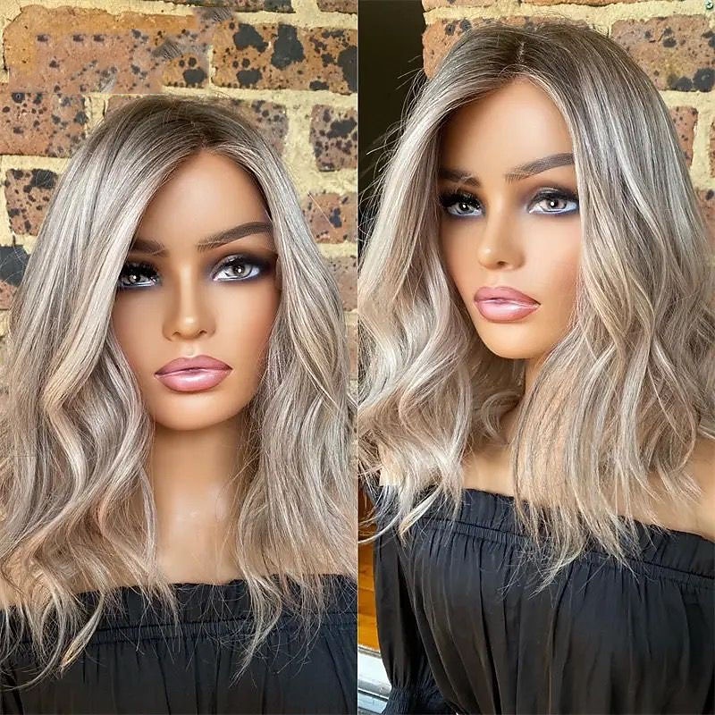 Remy Human Hair 5x5 Closure 13x4 Lace Front Wig Short Bob Layered Haircut Brazilian Hair Wavy Multi-color Wig 130% 150% Density with Baby Hair Highlighted / Balayage Hair 100% Virgin Glueless