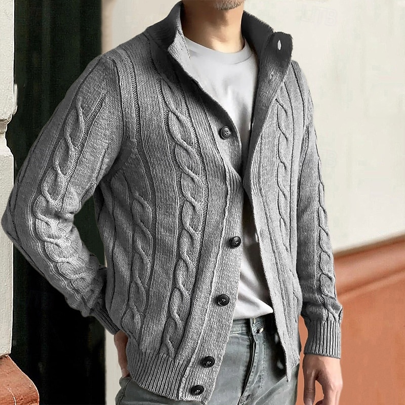 Men's Cardigan Sweater Cardigan Cropped  Sweater Cable Knit Regular Buttons Solid Color Stand Collar Fashion Classic Vacation Daily Wear Clothing Apparel Fall & Winter Black khaki M L XL3