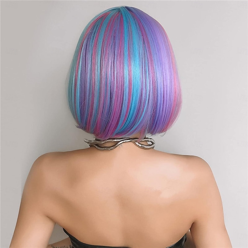 Short Bob Rainbow Wig with Bangs Heat Resistant Synthetic Colourful Party Wig with Fringe Pink Blue for Women Cosplay Daily Use Hair Net for Carnival2