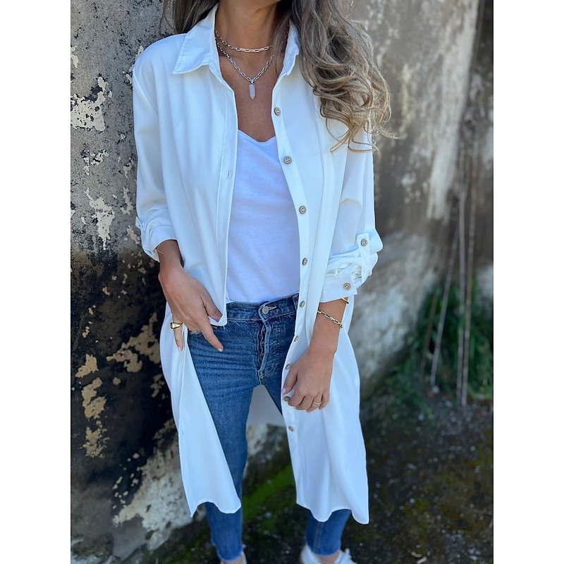 Women's Casual Jacket Warm Breathable Buttons Casual Plain Vacation Street Daily Wear Going out Single Breasted Long Lapel Regular Fit Long Sleeve Outerwear Black White Khaki Spring Fall