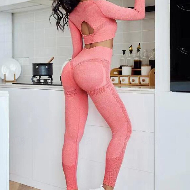 Women's Sports Bra with Tights Yoga Set 2 Piece Solid Color Clothing Suit ArmyGreen Black Yoga Fitness Gym Workout High Waist Breathable Soft Long Sleeve Sport Activewear Micro-elastic Slim4