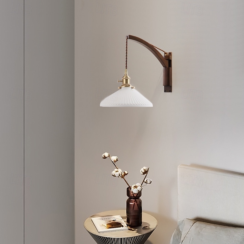 Bedside Wall Mount Wall Lamp Ceramic Lampshade LED Wall Lamp with Wood Lamp Hanger in Scandinavian Style Plug in Wall Light2
