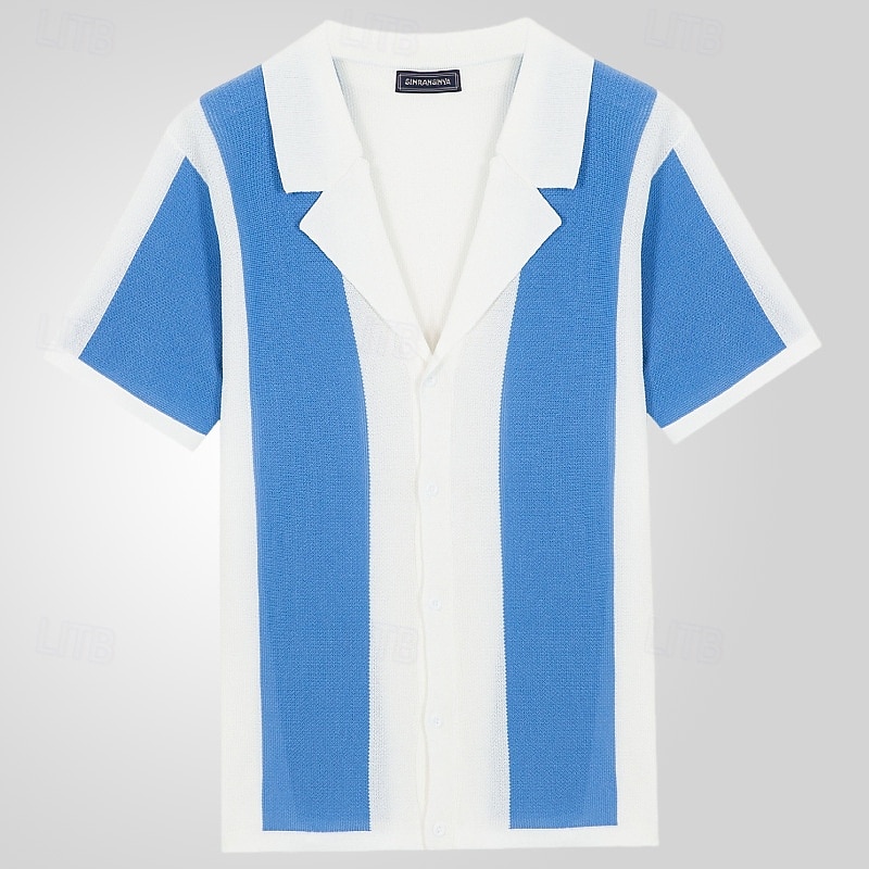 Men's Button Up Polos Golf Shirt Casual Sports Lapel Short Sleeve Fashion Basic Color Block Patchwork Buttons Summer Blue Button Up Polos2