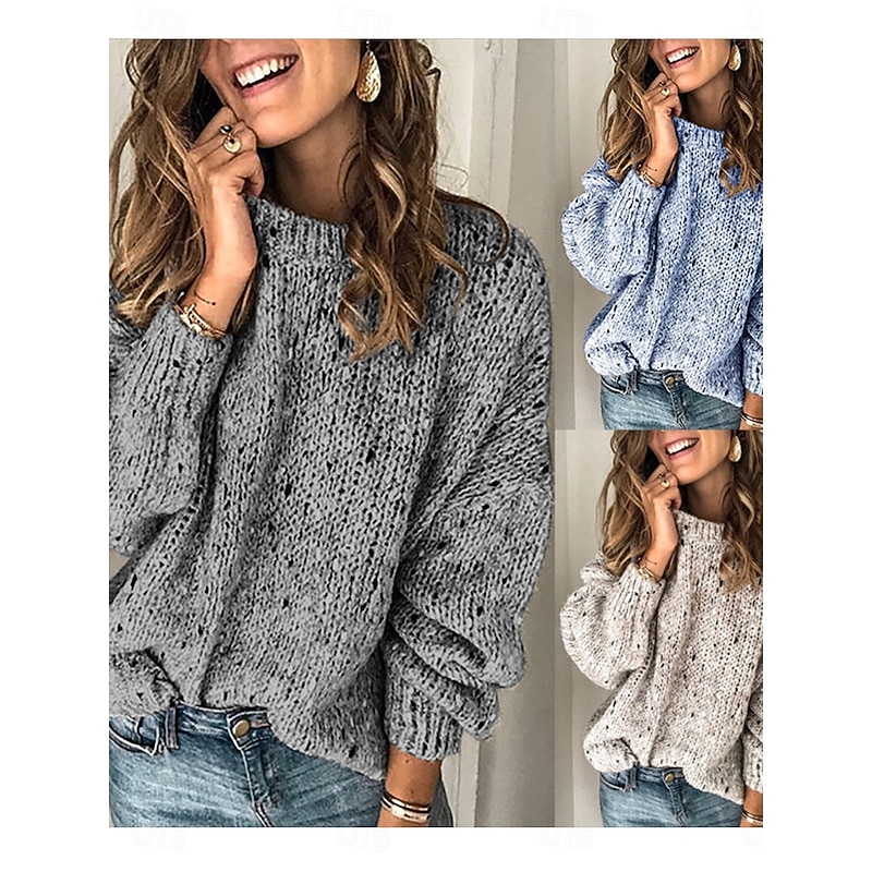 Women's Sweater Casual Soft Pure Color Ribbed Crew Neck Knitted Long Sleeve Regular Tops Knit Outdoor Daily Weekend Blue Light Grey Fall Winter