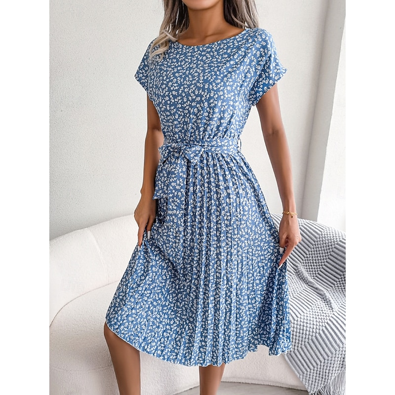 Women's Midi Dress Casual Dress A Line Dress Stylish Casual Vacation Daily Regular Fit Floral Short Sleeve Crew Neck Pink Light Blue Summer Spring4