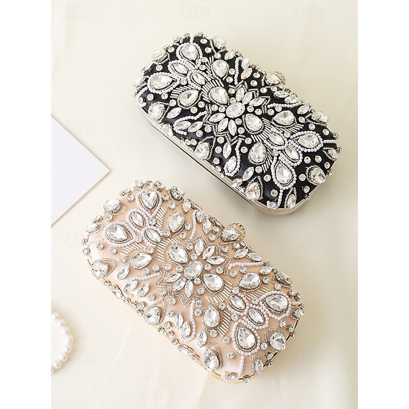 Women's Crystal-Embellished Clutch Bag, Elegant Evening Handbag with Pearl and Rhinestone Detailing, Perfect for Weddings, Parties, and Formal Events Black Silver Gold4