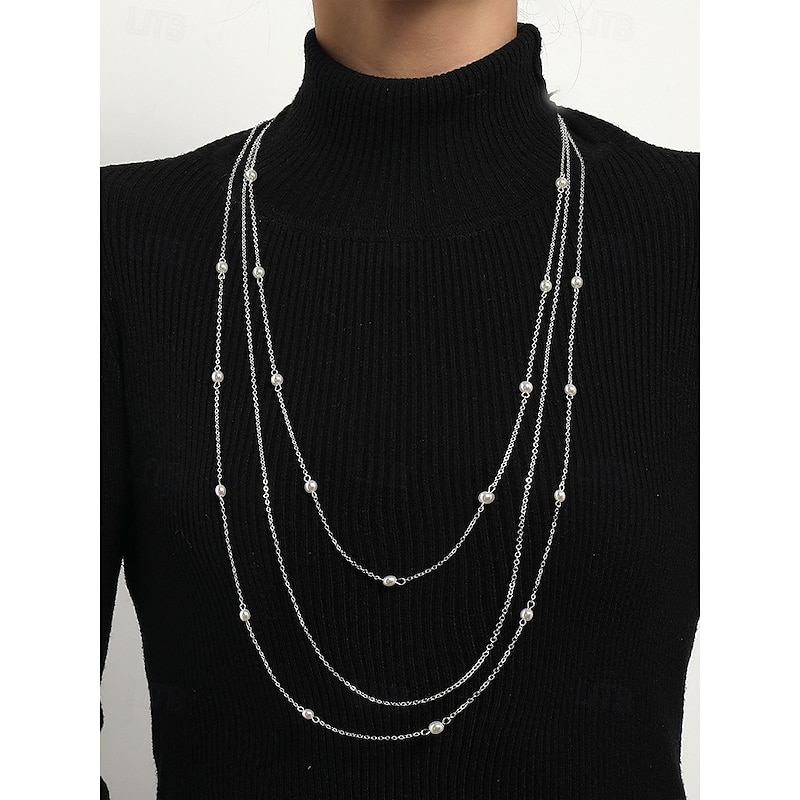 Layered Gold Necklace with Faux Pearl Accents – Elegant Long Chain Jewelry for Women, Perfect for Parties, Weddings, and Formal Events3