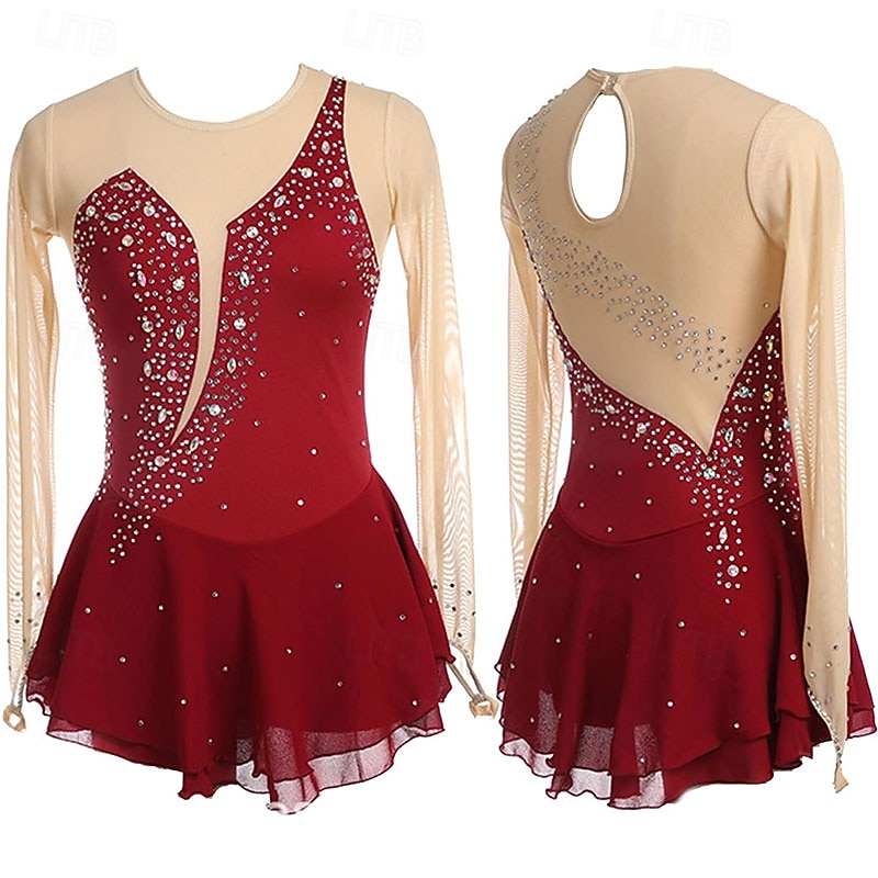 Figure Skating Dress Women's Girls' Ice Skating Dress Green High Elasticity Training Competition Skating Wear Classic Crystal / Rhinestone Long Sleeve Ice Skating Figure Skating4