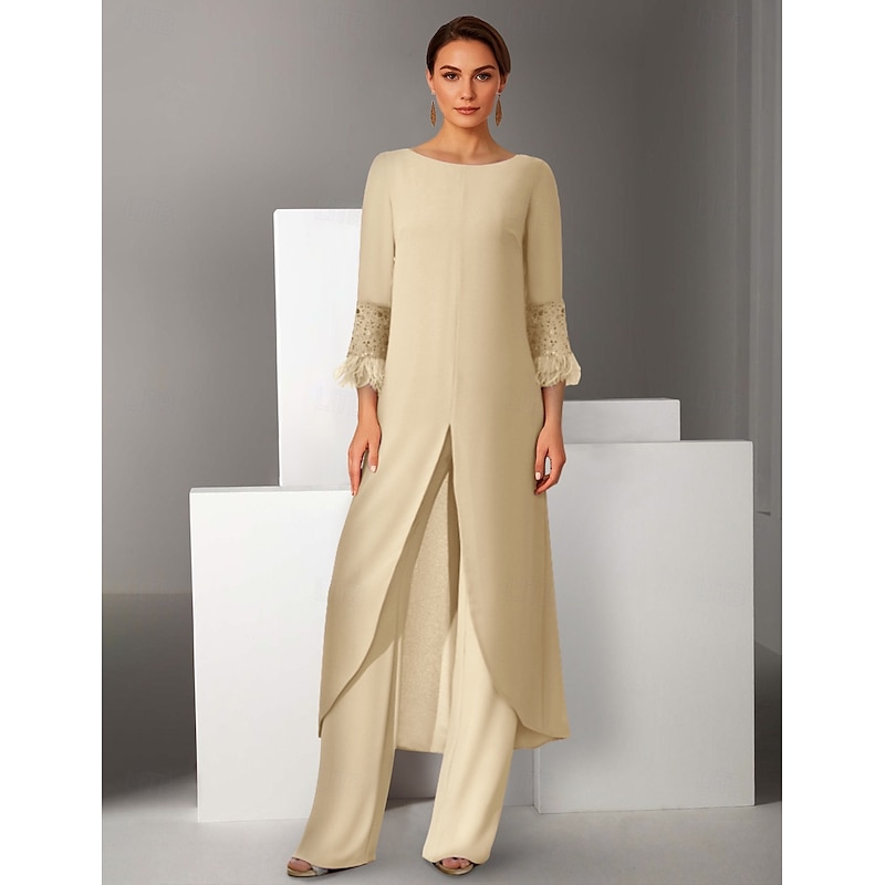 Sheath / Column 3 Piece Pantsuit Beach Wedding Mother of the Bride Dress Elegant Vintage Jewel Neck Floor Length Chiffon 3/4 Length Sleeve with Feather Beading4