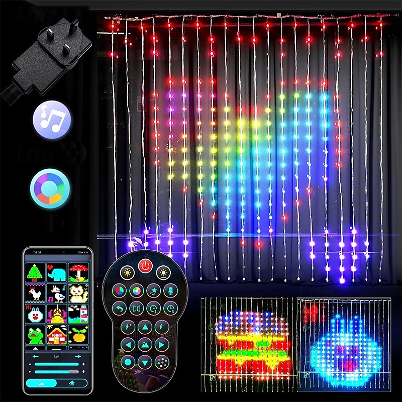 Smart RGB LED Christmas Curtain Lights with Bluetooth APP Control  3X3m 2X2m 1X1m LED Fairy String Lights DIY Picture Display for Party Holiday Garland Window Decoration3
