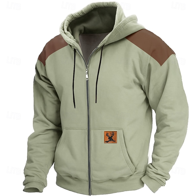 Men's Cowboy Hoodies Fashion Cool Long Sleeve Hooded Vacation Going out Streetwear Green Khaki Drawstring Zipper Fall Winter Designer4
