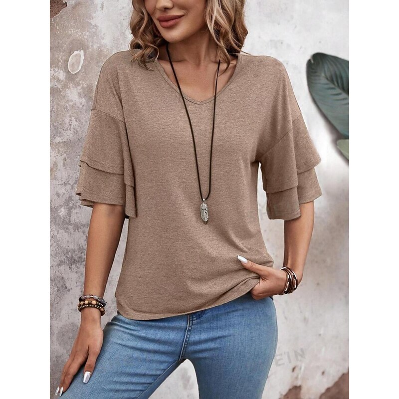 Women's T Shirt Plain Fashion Modern Casual 3/4 Length Sleeve V Neck Regular Tops Daily Weekend Ruffle Pink Navy Blue Khaki Summer Spring4