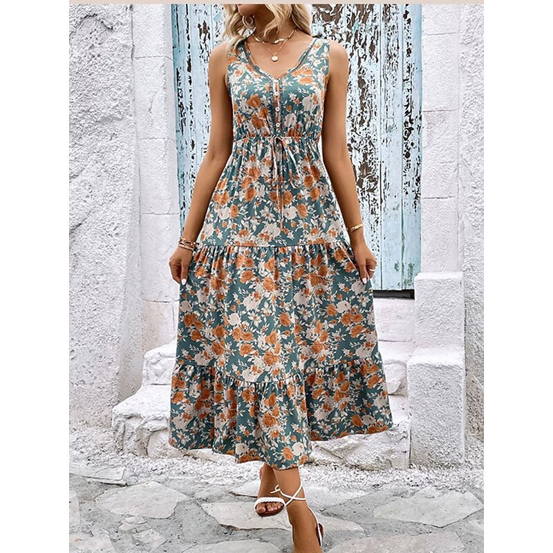 Women's Midi Dress Casual Dress Boho Chic Dresses Tank Dress Bohemia Stylish Casual Vacation Daily Beach Loose Fit Graphic Sleeveless V Neck Black Blue Summer Spring