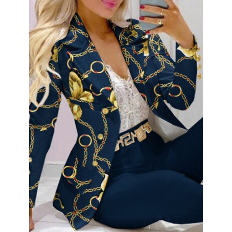 Women's Fashion Blazer Trousers Long Sleeve Shirt Collar Graphic Patchwork Casual Daily Blue Spring &  Fall Regular Fit2