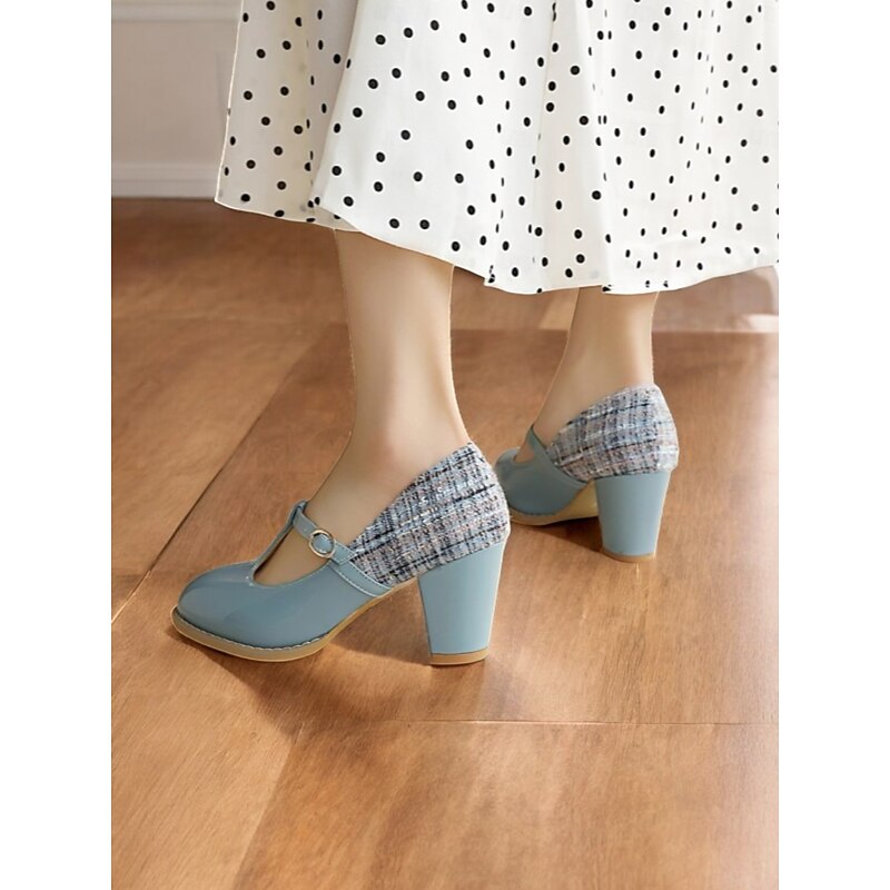 Women's Black Patent Mary Jane Heels with Gold Bouclé Detail, Elegant T-Strap Design for Formal Events and Office Wear4