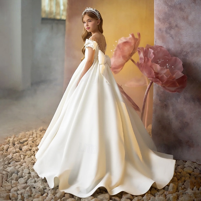 Flower Girl Dress Girls' First Communion Dress Party Dress Performance Wedding Party Princess Sweet Mesh Solid Color Sleeveless Off Shoulder Ivory kids2
