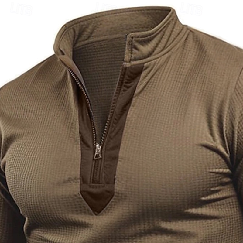 Men's T Shirt Waffle Knit Tee Quarter Zip Tee Long Sleeve Stand Collar Quarter Zip Spring Fall Spring &  Fall Solid Color Knitwear Vintage Daily Patchwork Pocket Outdoor Causal Casual Black khaki Top2