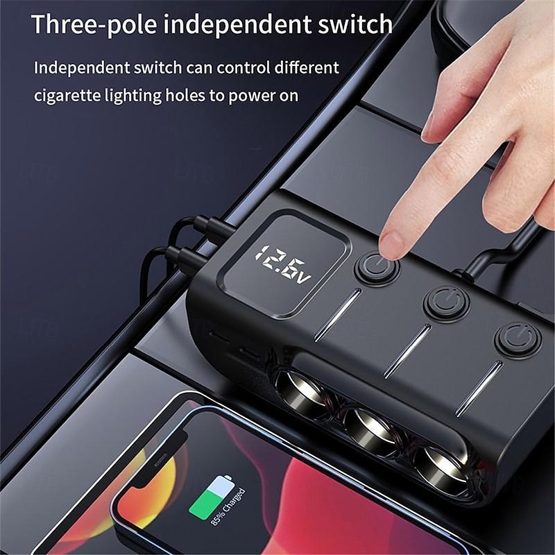3 Way Car Cigarette Lighter Socket Splitter DC 12V/24V Power Charger Adapter with 3 USB Ports  1 Type-C Port  1 PD Fast Charge Port3