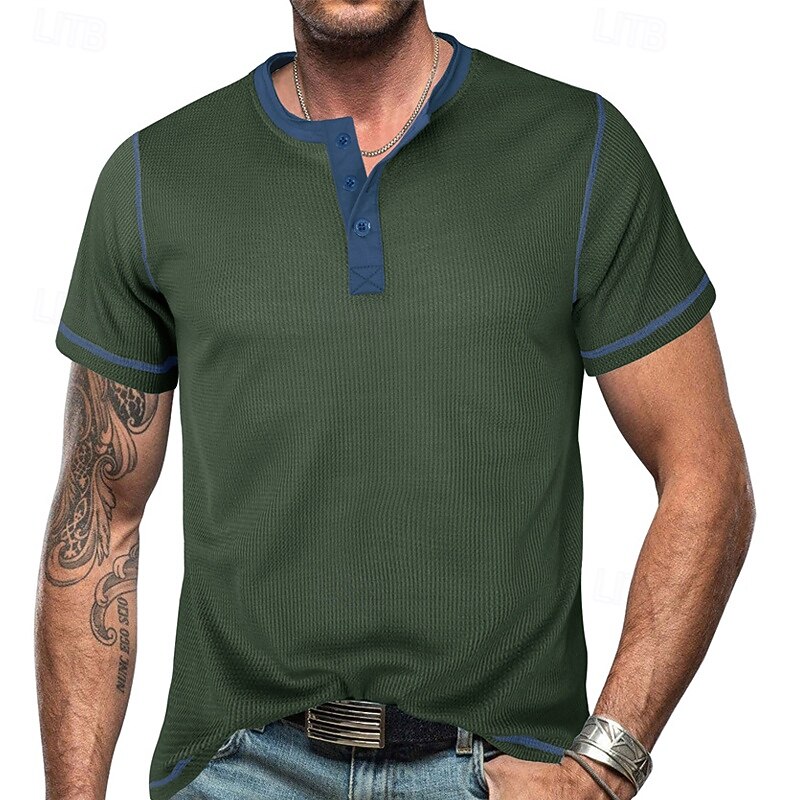 Men's Button T Shirt T Shirt Waffle Henley Shirt Henley Shirt Short Sleeve Henley Spring & Summer Color Block Fashion Designer Basic Patchwork Vacation Street Going out Wine Blue Army Green Top Tee3