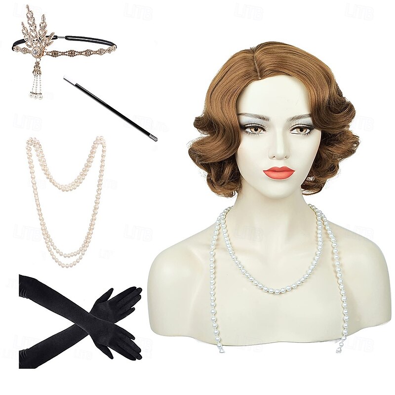 Wave Wig Women Black 1920s Vintage Flapper Wig Lady Rockabilly Short Curly Wig Carnival Party Cosplay Costume Synthetic Hair With Accessories Set Halloween Wigs3