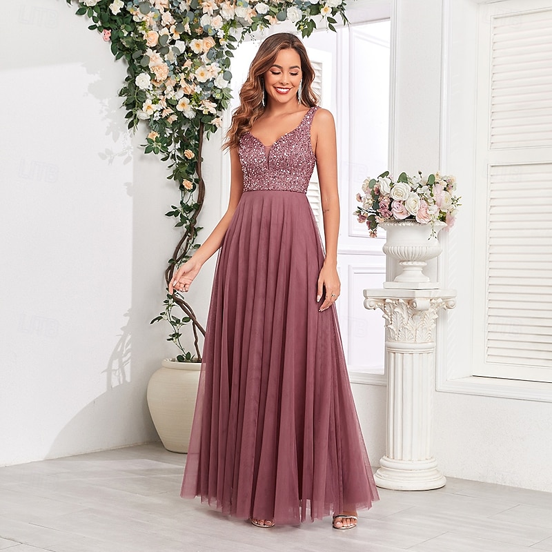 A-Line Wedding Guest Dresses Elegant Dress Wedding Guest Birthday Floor Length Sleeveless V Neck Pink Dress Tulle V Back with Sequin4