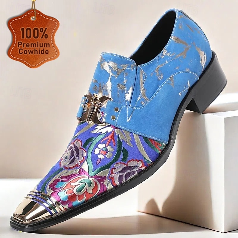 Men's Blue Floral Pattern Cowhide Leather Loafers with Metal Toe Cap – Stylish Dress Shoes for Weddings, Parties, and Formal Events - Main Image