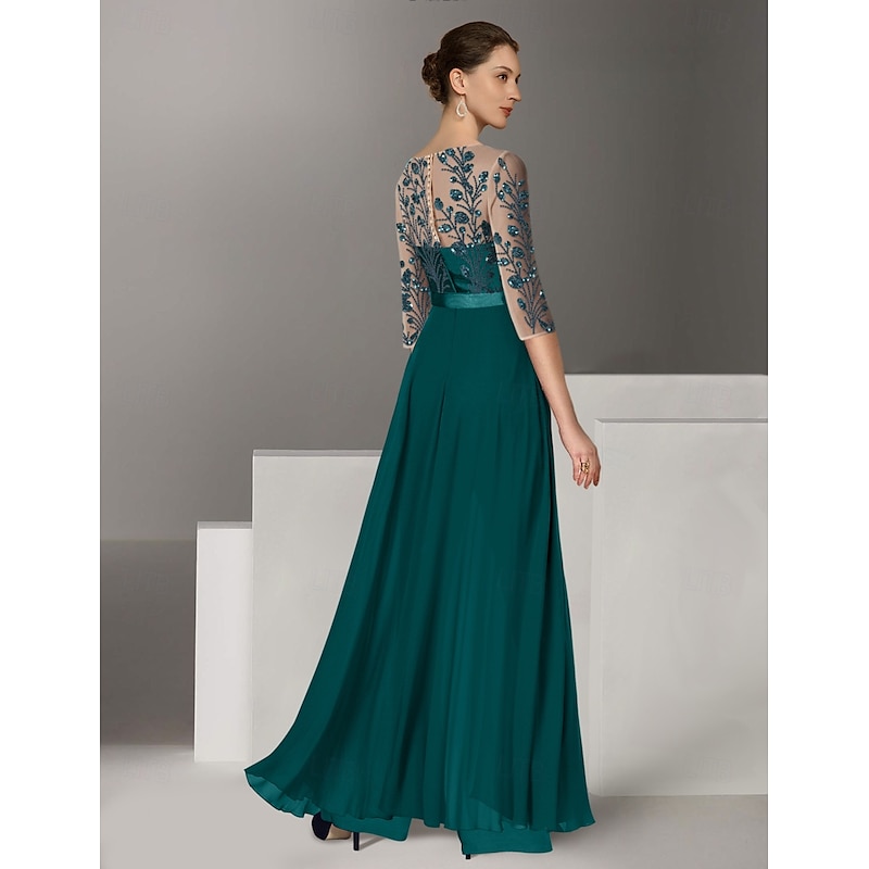 Jumpsuits Mother of the Bride  Beach Wedding Elegant Illusion Neck Floor Length Stretch Chiffon 3/4 Length Sleeve with Lace Solid Color2