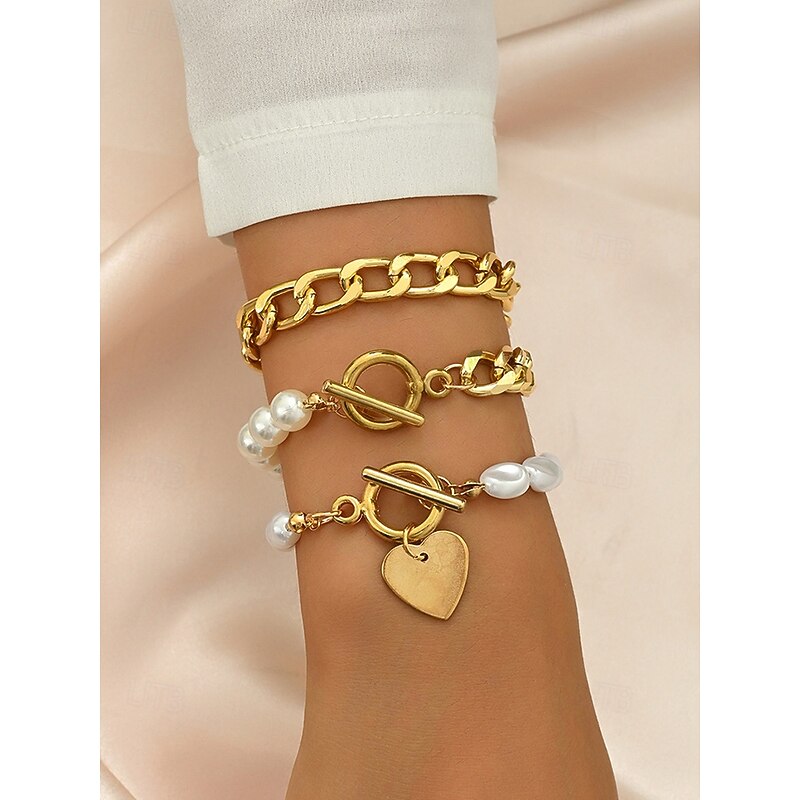 Gold Chain Bracelet Set with Heart Pendant and Faux Pearl Accents – Elegant Jewelry for Women, Perfect for Parties, Weddings, and Everyday Wear2