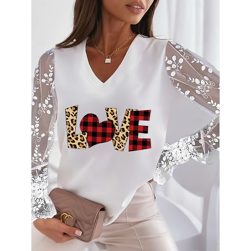 Women's Valentine Heart T Shirt Lace Splicing Top Mesh Elegant Fashion Lace Patchwork Lantern Sleeve Long Sleeve Regular Tops V Neck Party Valentine's Day4