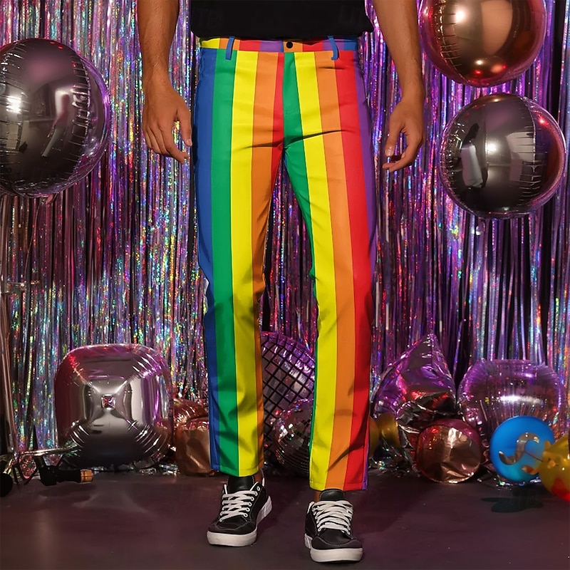 Men's Rainbow Striped Dress Pants Mid Waist Fashion Casual Outdoor Vacation Home Zipper Pocket Summer Spring Fall 3D Print Rainbow