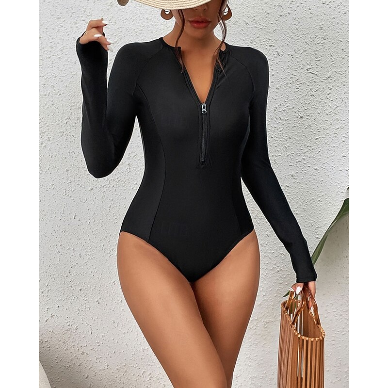 Women's Rash Guard One Piece Swimsuit Lightweight Long Sleeve Bodysuit Bathing Suit Front Zip Swimming Surfing Beach Water Sports Solid Colored Summer Spring Autumn3