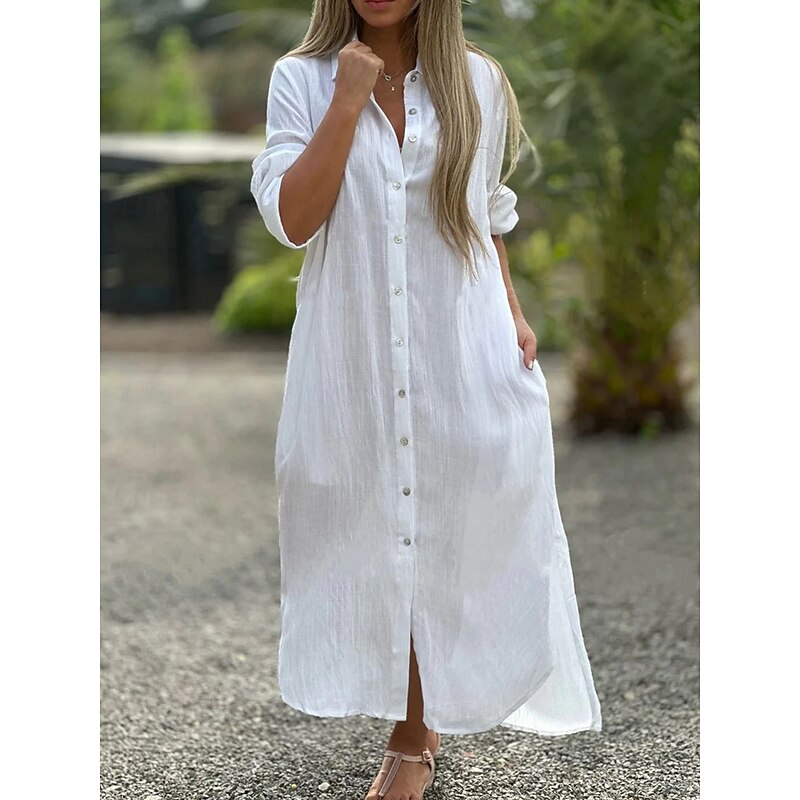 Women's Normal Maxi Dress Linen-Inspired Dresses Shirt Dress Streetwear Street Date Regular Fit Solid Color Shirt Collar Black White Green Spring Fall
