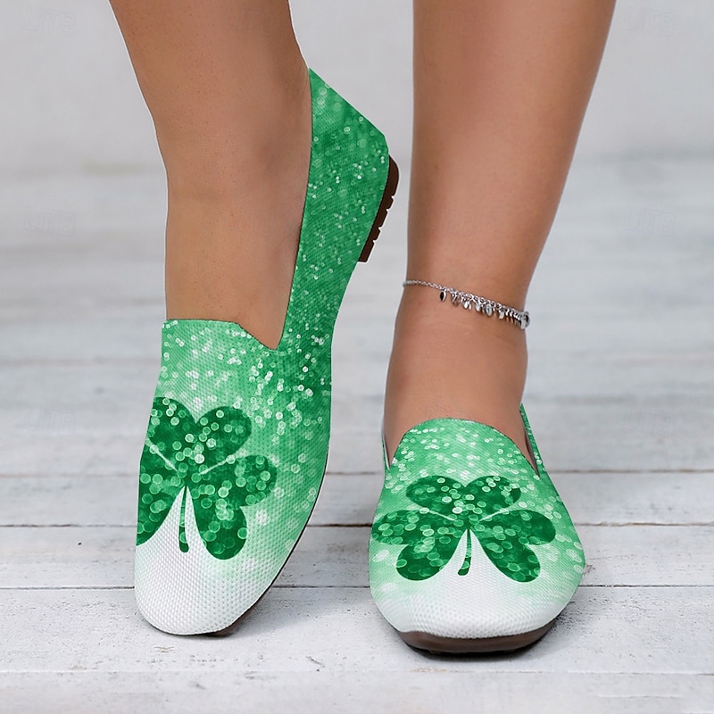 Women's Breathable Gradient Green Slip-On Flats with Clover Printed Design Perfect for Celebrate St. Patrick's Day