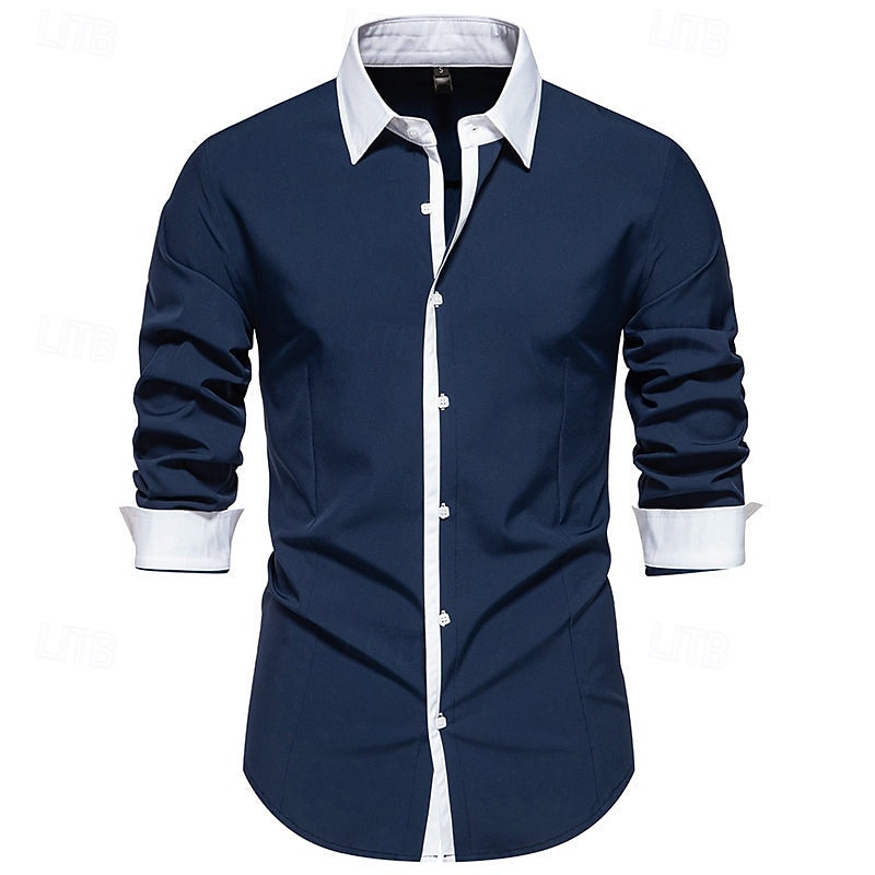 Men's Shirt Dress Shirt Button Up Shirt Color Block Wedding Party Black White Navy Blue Blue Long Sleeve Lapel Spring &  Fall Clothing Apparel