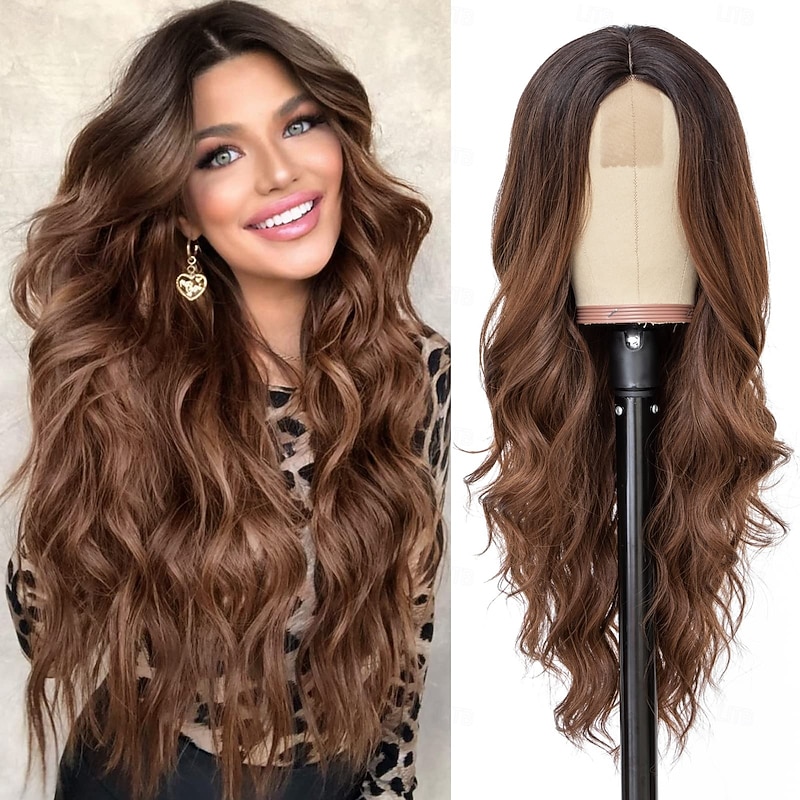 Long Wavy Wig for Women Middle Part Curly Wavy Wig Natural Looking Synthetic Heat Resistant Fiber Wig for Daily Party Use
