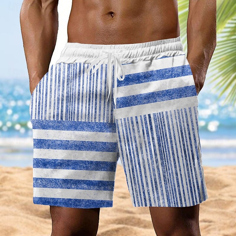 Men's Striped Geometric Pattern Sweat Shorts Beach Shorts Terry Shorts Mid Waist Vintage Casual Daily Holiday Streetwear Drawstring Elastic Waist 3D Print Designer Clothing Apparel