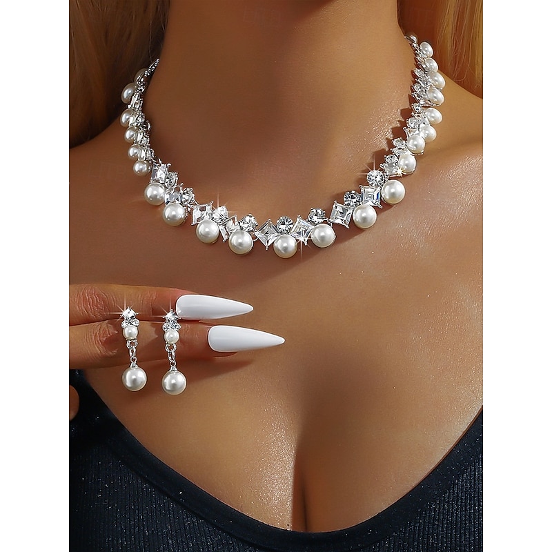 Elegant Pearl and Cubic Zirconia Necklace and Earrings Set with Cubic Zirconia Accents | Perfect for Weddings and Special Occasions3