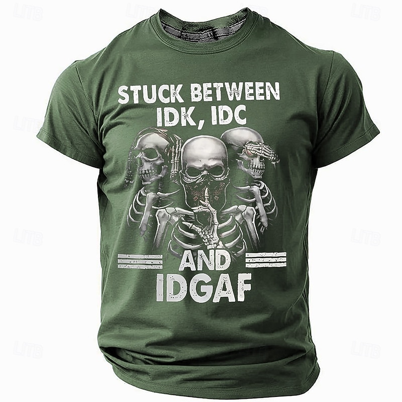Men's Graphic T-Shirt Stuck Between IDK, IDC & IDGAF Funny Skeletons Short Sleeve Tee4