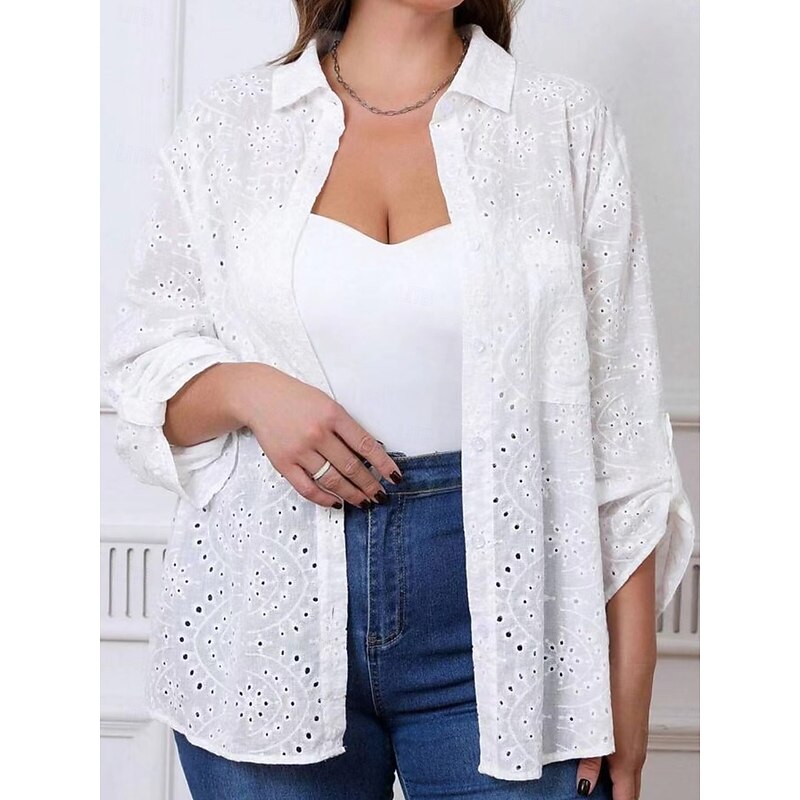 Women's White Elegant Lace Tops Eyelet Blouse Floral Regular Tops Long Sleeve Shirt Collar Buttons Eyelet Regular Fit Daily Romantic Petite Tops Summer Holiday Wear White Purple3