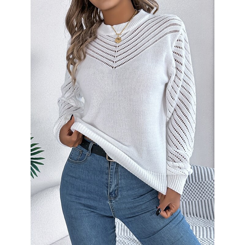 Women's Sweater Casual Soft Pure Color Ribbed Crew Neck Knitted Hole Long Sleeve Regular Tops Knit Outdoor Daily Weekend White Orange Fall Winter3