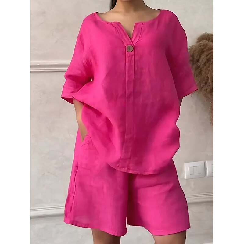 Women's Daily Shirt Linen-Inspired Sets Two Piece Sets Baggy Shorts Short Sleeve Crew Neck Solid Color Patchwork Casual White Red Blue Summer Loose Fit2