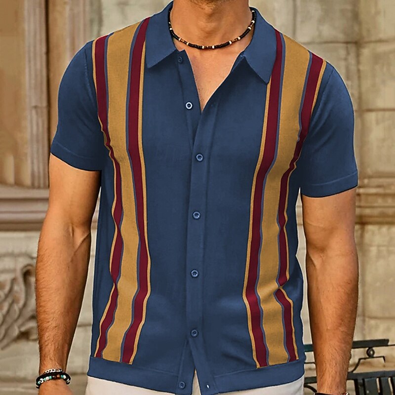 Men's Button Up Polos Golf Shirt Casual Sports Lapel Short Sleeve Fashion Basic Color Block Patchwork Buttons Summer Black Navy Blue Brown Button Up Polos