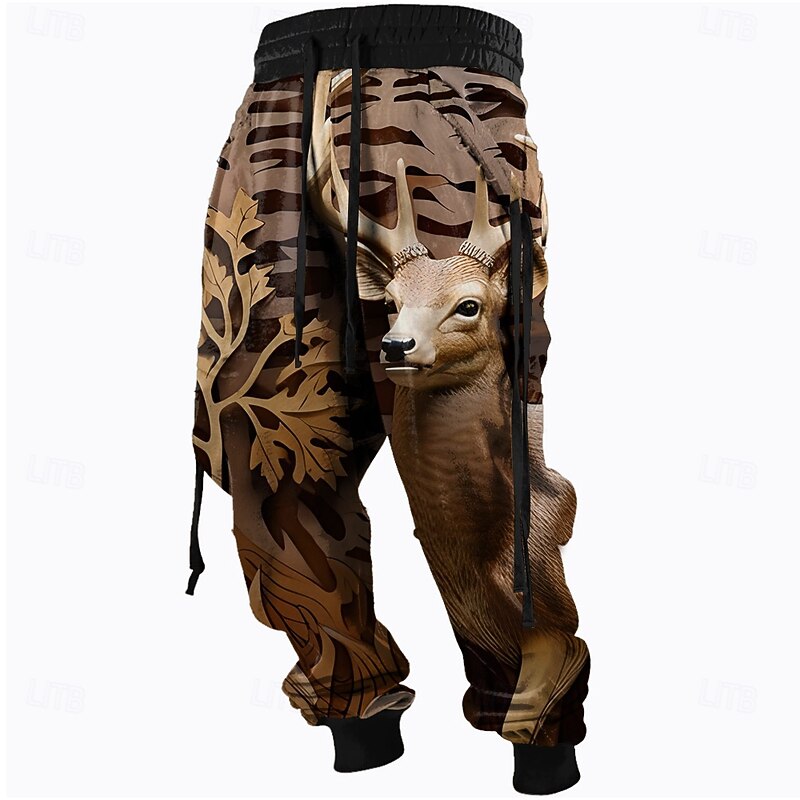 Men's Optical Illusion Hunting Deer Sweatpants Trousers Mid Waist Drawstring Elastic Waist Active Vintage Casual Outdoor Streetwear with Pockets Spring Fall 3D Print Black Brown2